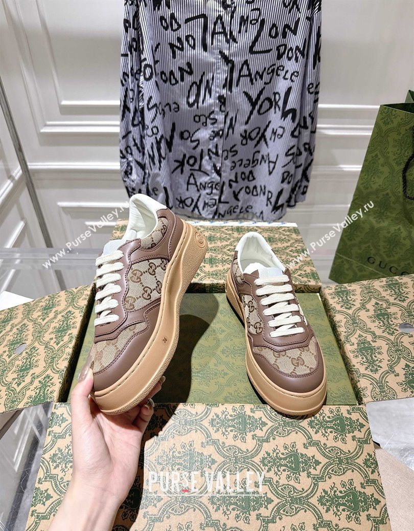 Gucci GG Canvas and Calf Leather Platform Sneakers 4cm Beige/Brown 2025 676092 (MD-251219019)
