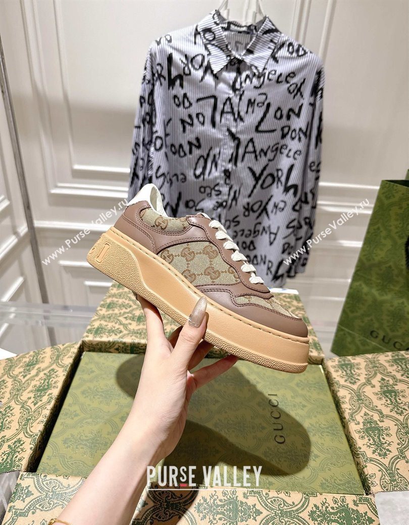 Gucci GG Canvas and Calf Leather Platform Sneakers 4cm Beige/Brown 2025 676092 (MD-251219019)