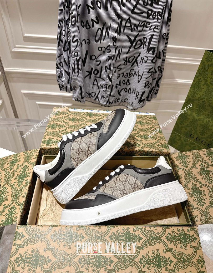 Gucci Mens GG Canvas and Leather Platform Sneakers 4cm Beige/Grey/Black 2025 676092 (MD-251219020)