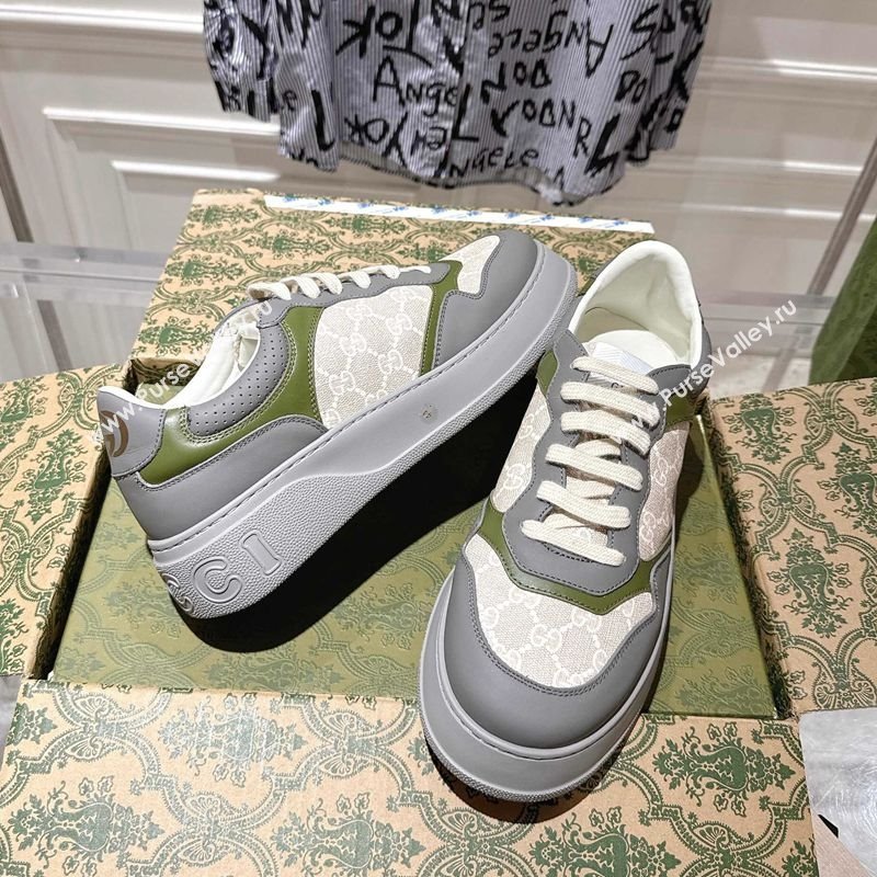 Gucci GG Canvas and Leather Platform Sneakers 4cm Grey/White/Green 2025 676092 (MD-251219022)