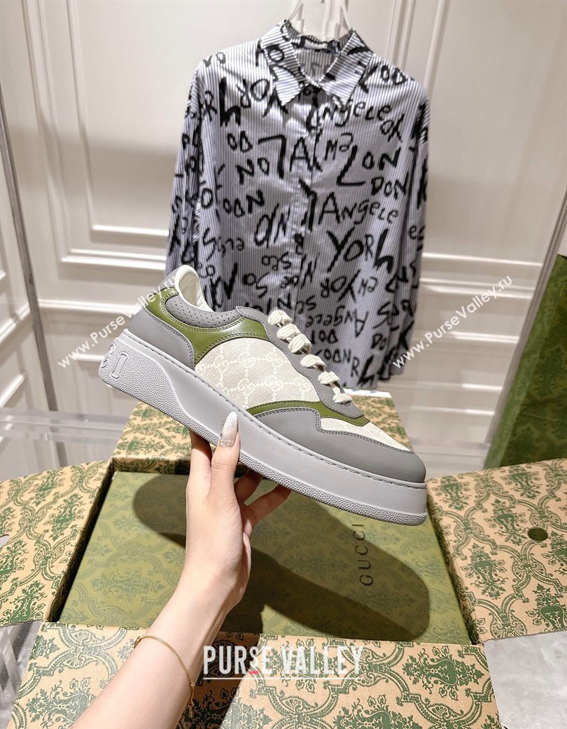 Gucci GG Canvas and Leather Platform Sneakers 4cm Grey/White/Green 2025 676092 (MD-251219022)