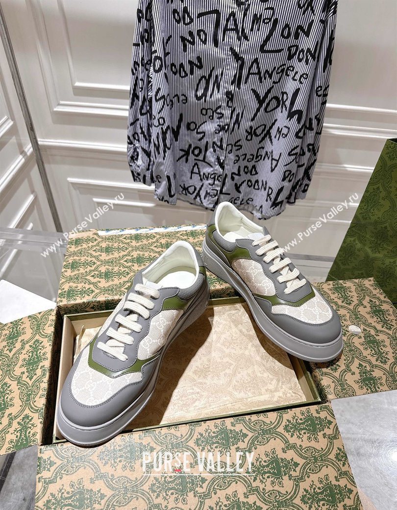 Gucci GG Canvas and Leather Platform Sneakers 4cm Grey/White/Green 2025 676092 (MD-251219022)