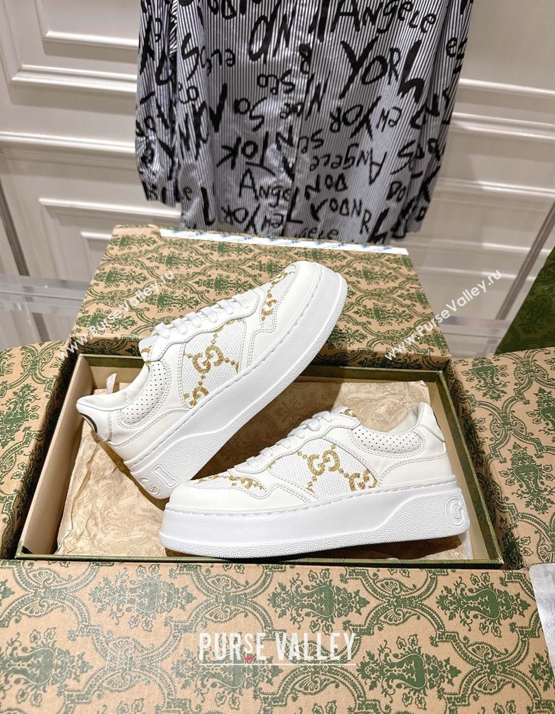 Gucci Maxi GG Canvas and Leather Platform Sneakers 4cm White/Gold 2025 676092 (MD-251219023)