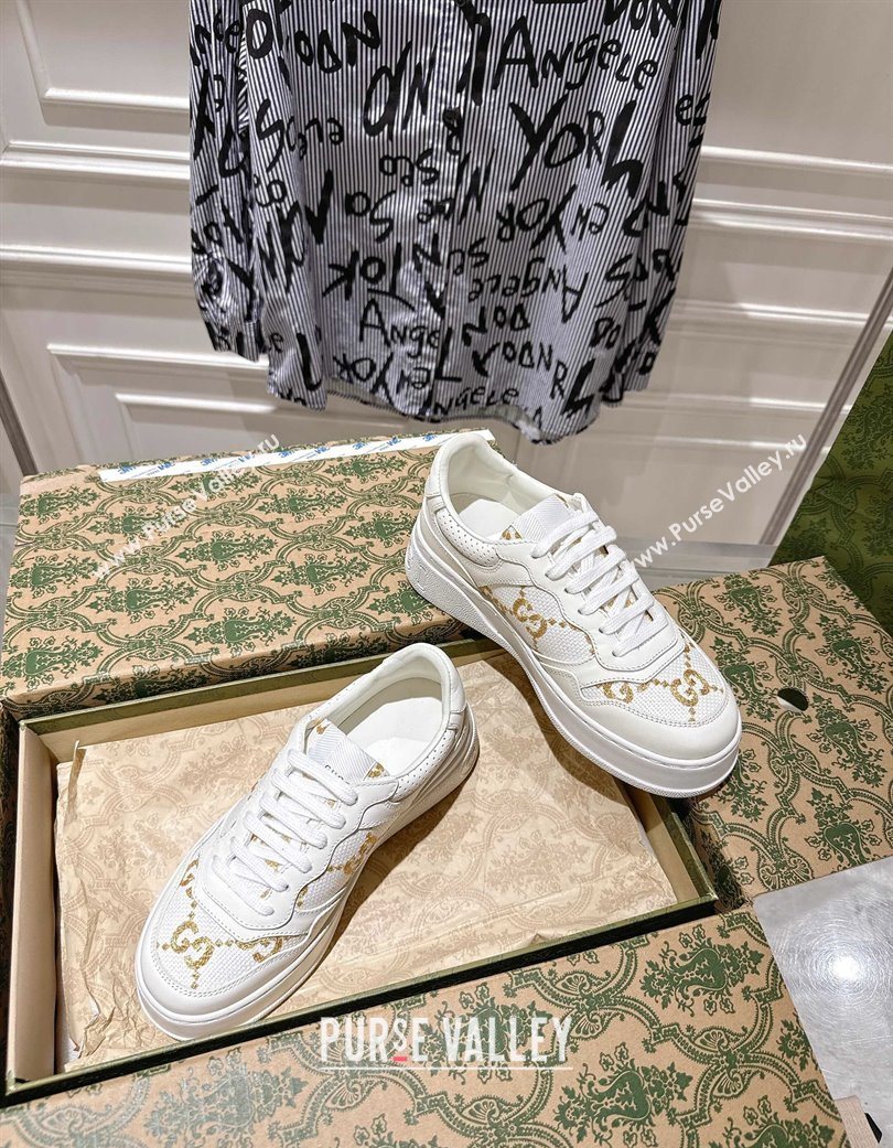 Gucci Maxi GG Canvas and Leather Platform Sneakers 4cm White/Gold 2025 676092 (MD-251219023)