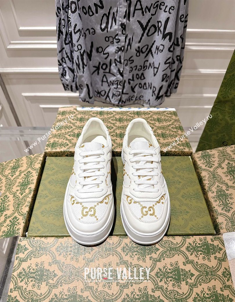 Gucci Maxi GG Canvas and Leather Platform Sneakers 4cm White/Gold 2025 676092 (MD-251219023)