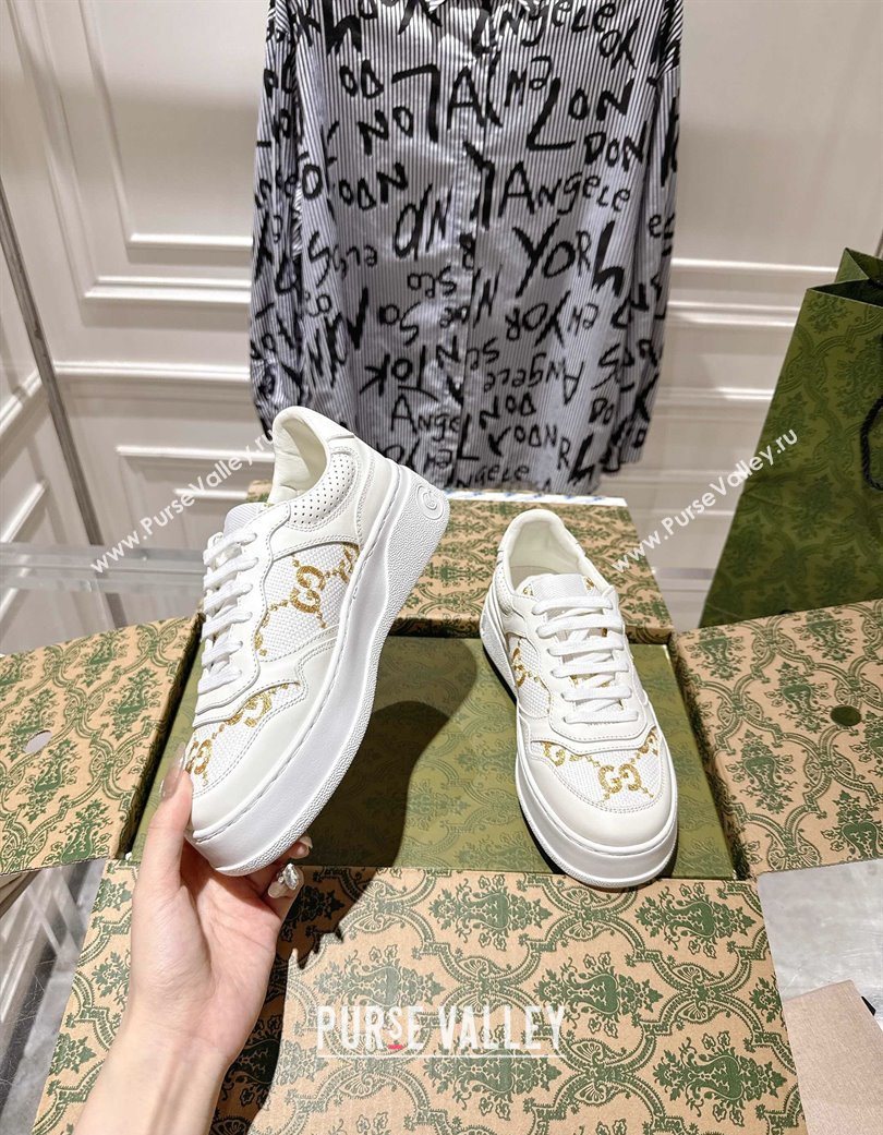 Gucci Maxi GG Canvas and Leather Platform Sneakers 4cm White/Gold 2025 676092 (MD-251219023)