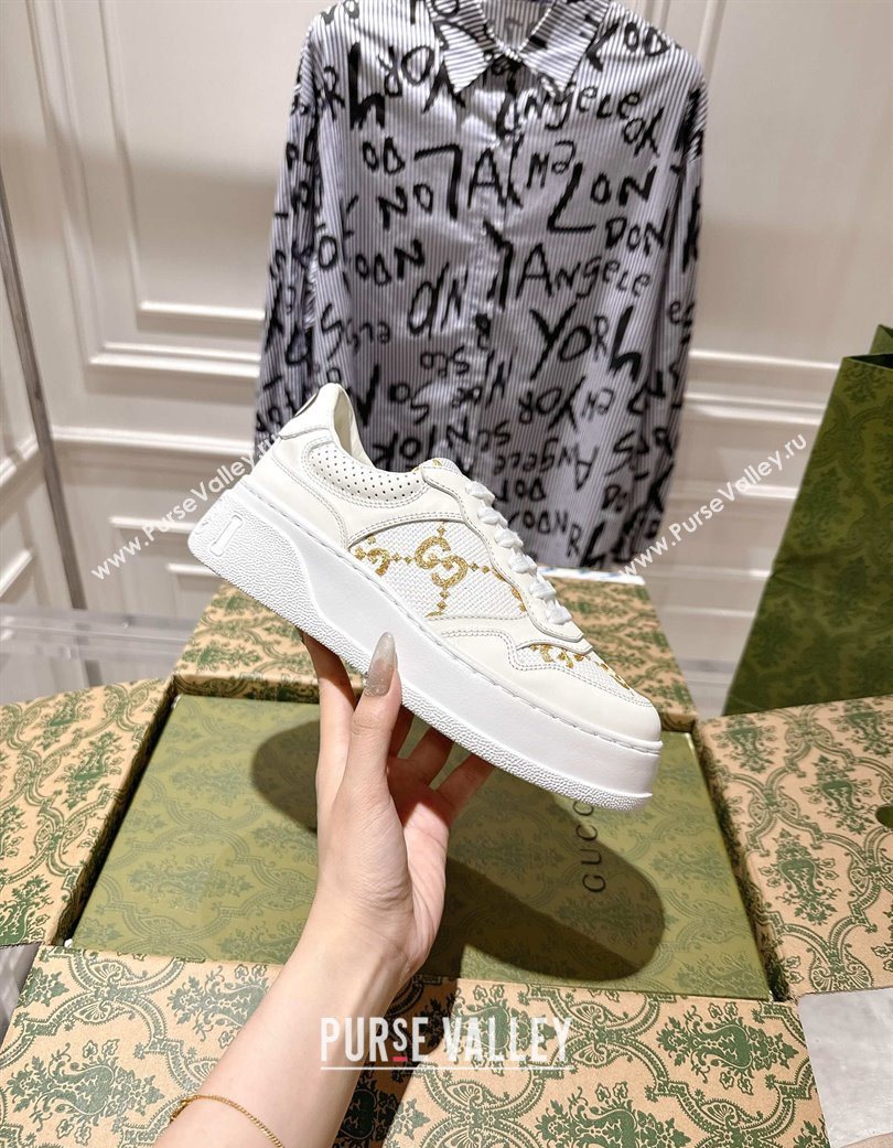 Gucci Maxi GG Canvas and Leather Platform Sneakers 4cm White/Gold 2025 676092 (MD-251219023)