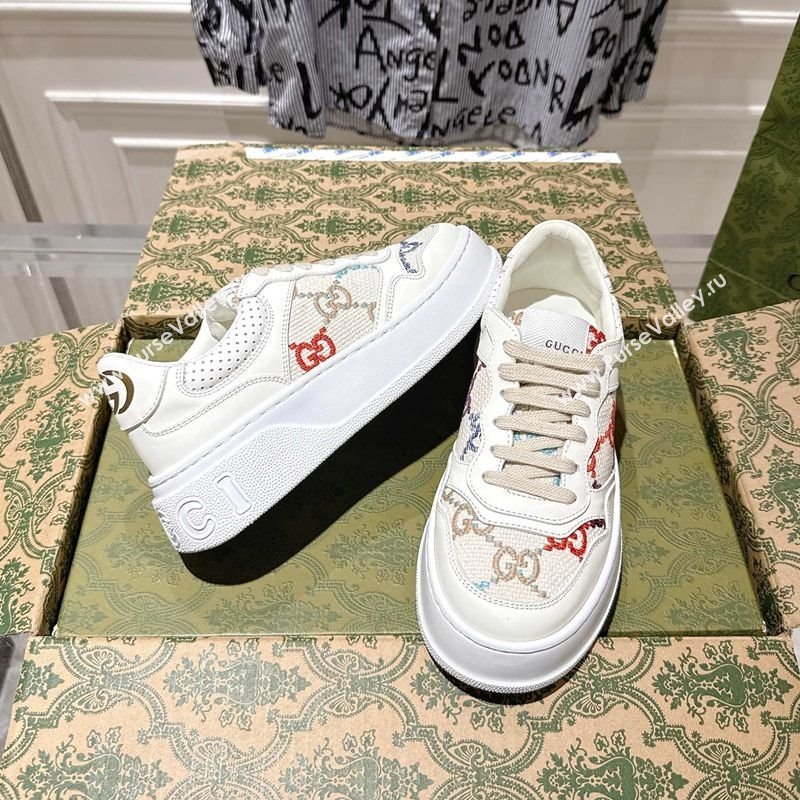 Gucci Maxi GG Canvas and Leather Platform Sneakers 4cm White/Multicolor 2025 676092 (MD-251219024)