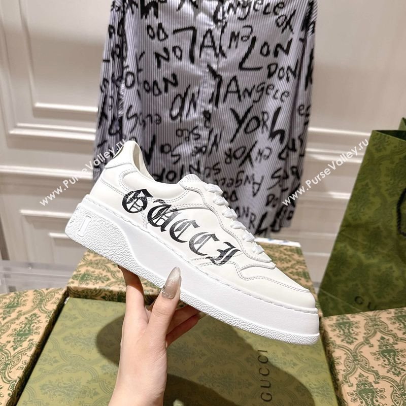 Gucci Printed Leather Platform Sneakers 4cm White/Black 2025 676092 (MD-251219025)