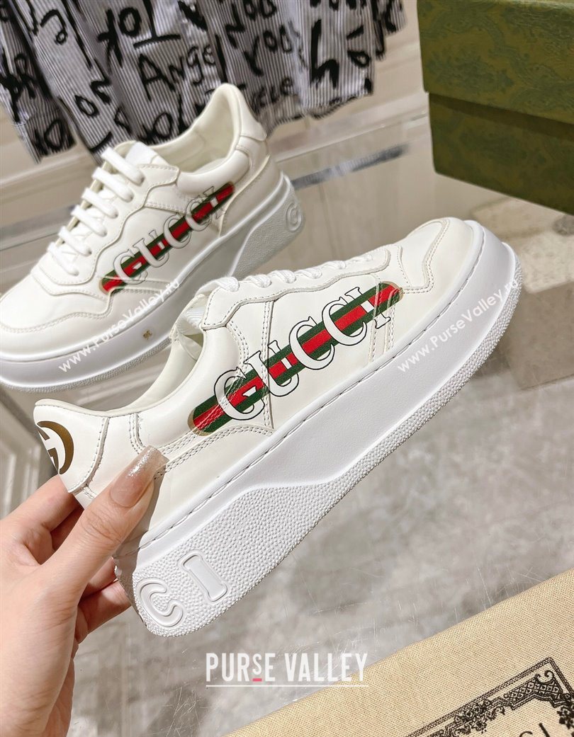 Gucci Printed Leather Platform Sneakers 4cm White/Web 2025 676092 (MD-251219026)