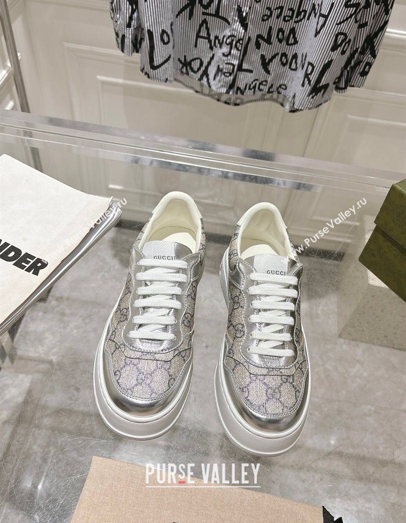 Gucci GG Canvas and Leather Platform Sneakers 4cm Grey/Silver 2025 676092 (MD-251219027)