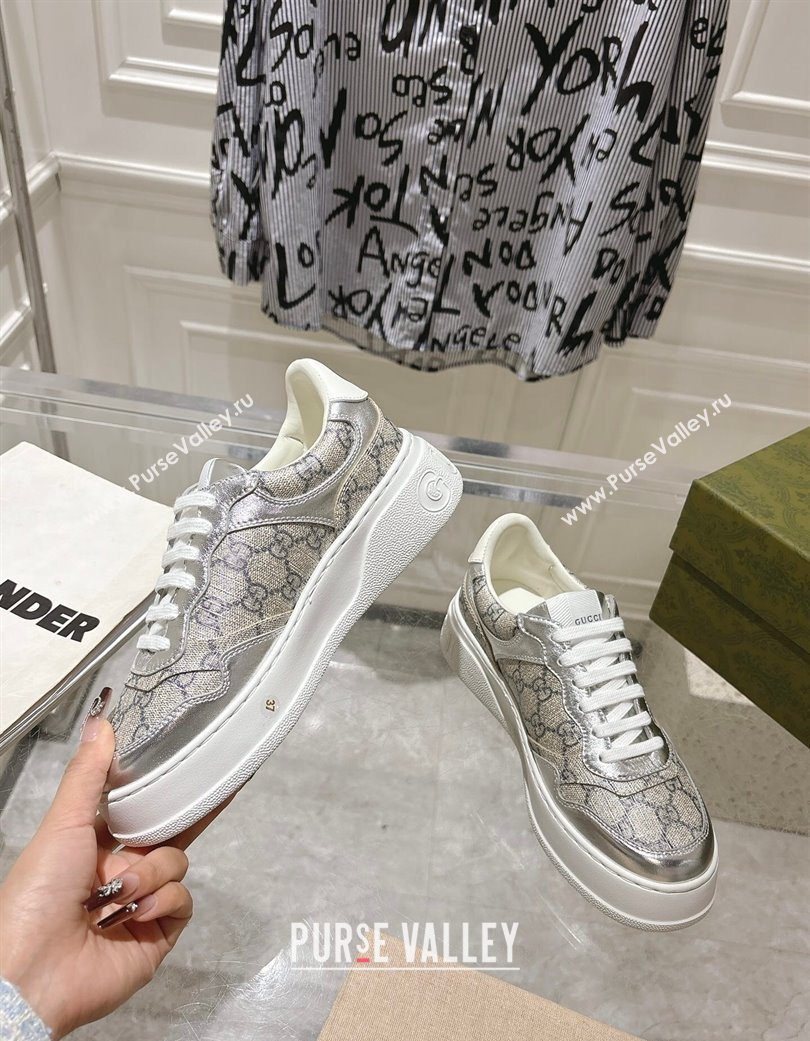 Gucci GG Canvas and Leather Platform Sneakers 4cm Grey/Silver 2025 676092 (MD-251219027)
