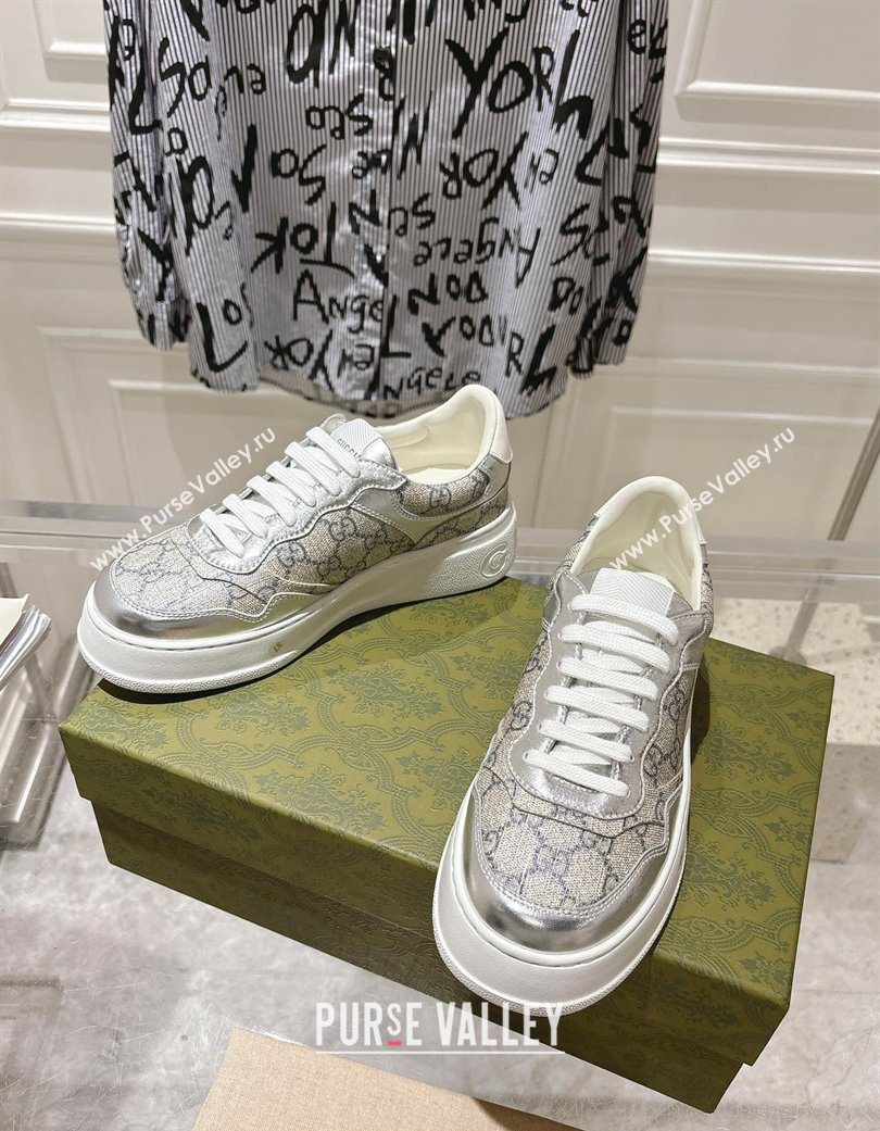 Gucci GG Canvas and Leather Platform Sneakers 4cm Grey/Silver 2025 676092 (MD-251219027)