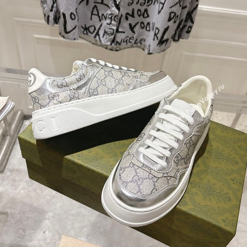 Gucci GG Canvas and Leather Platform Sneakers 4cm Grey/Silver 2025 676092 (MD-251219027)