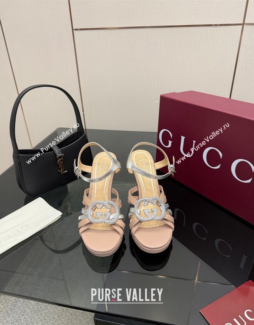 Gucci Calf Leather Platform Sandals with Strass Interlocking G Light Pink/Silver 2025 852355 (MD-251219037)