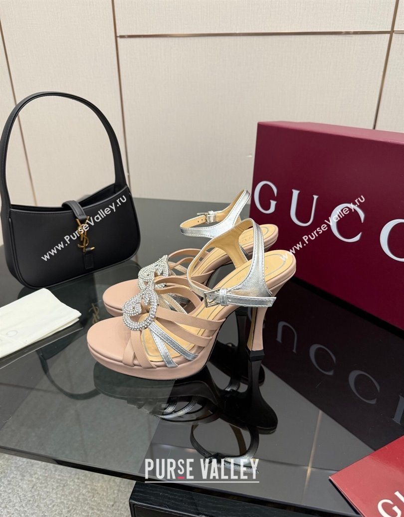 Gucci Calf Leather Platform Sandals with Strass Interlocking G Light Pink/Silver 2025 852355 (MD-251219037)