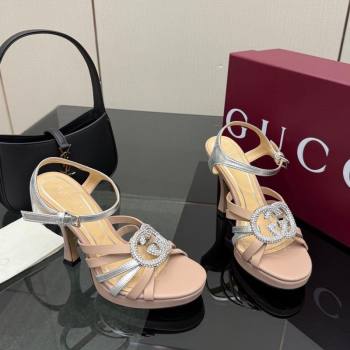 Gucci Calf Leather Platform Sandals with Strass Interlocking G Light Pink/Silver 2025 852355 (MD-251219037)