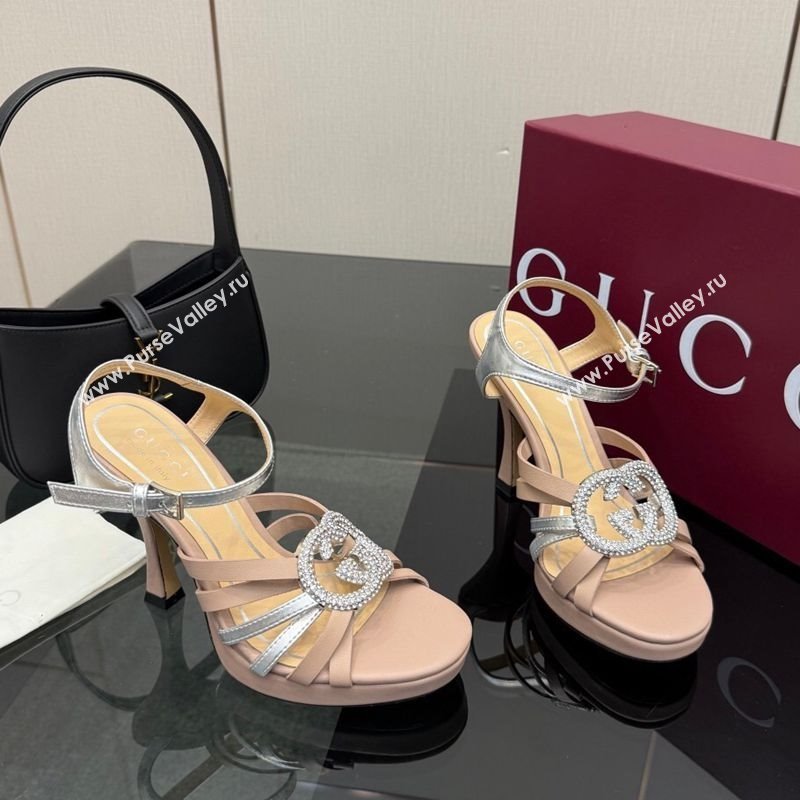 Gucci Calf Leather Platform Sandals with Strass Interlocking G Light Pink/Silver 2025 852355 (MD-251219037)