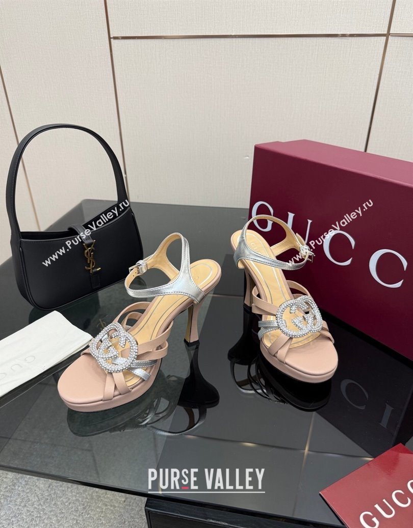 Gucci Calf Leather Platform Sandals with Strass Interlocking G Light Pink/Silver 2025 852355 (MD-251219037)