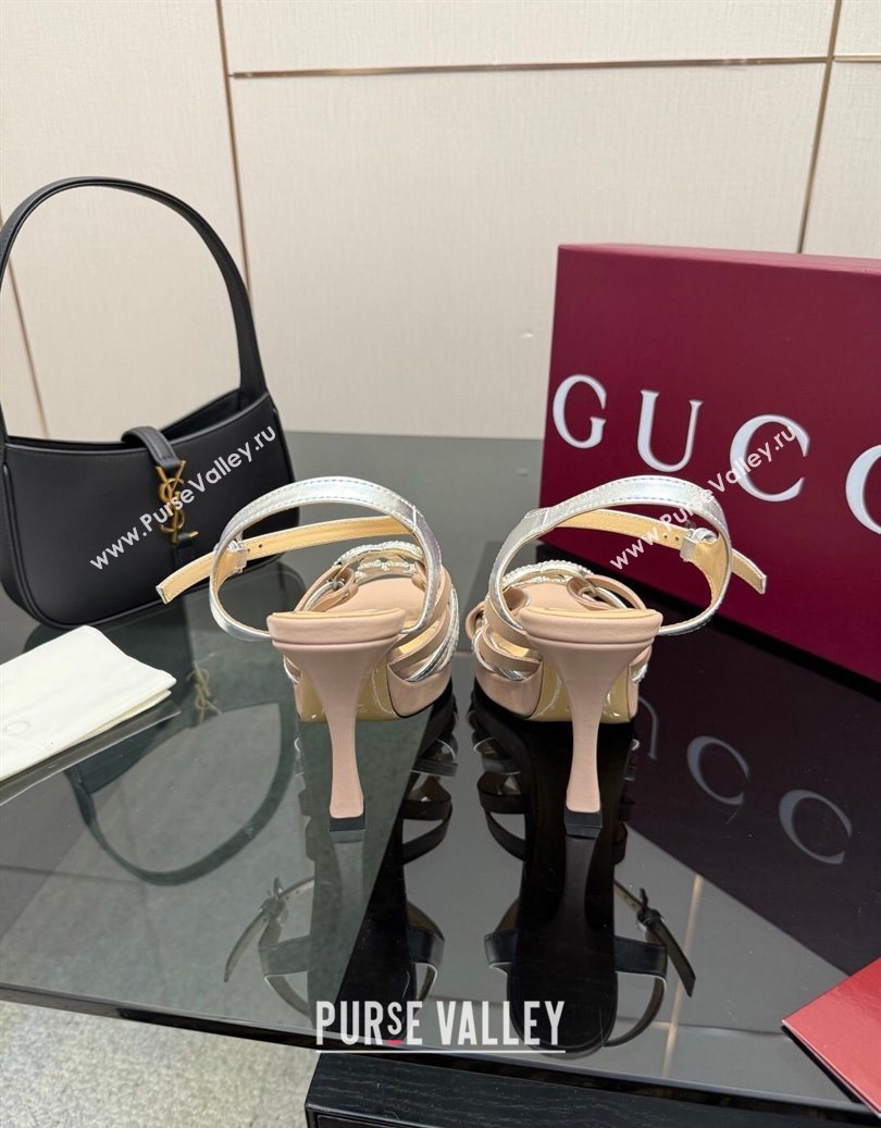 Gucci Calf Leather Platform Sandals with Strass Interlocking G Light Pink/Silver 2025 852355 (MD-251219037)