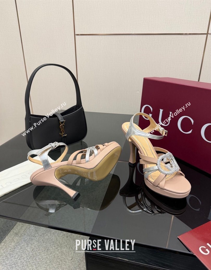 Gucci Calf Leather Platform Sandals with Strass Interlocking G Light Pink/Silver 2025 852355 (MD-251219037)