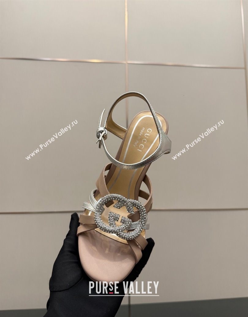 Gucci Calf Leather Platform Sandals with Strass Interlocking G Light Pink/Silver 2025 852355 (MD-251219037)