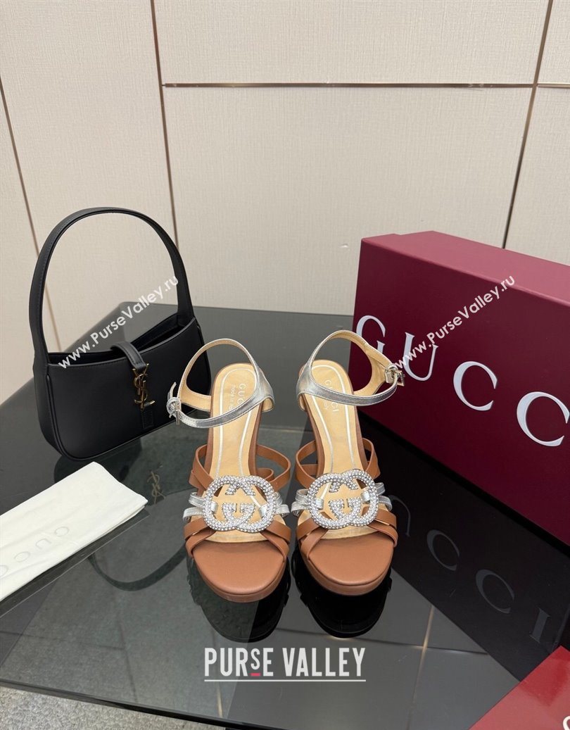 Gucci Calf Leather Platform Sandals with Strass Interlocking G Brown/Silver 2025 852355 (MD-251219038)