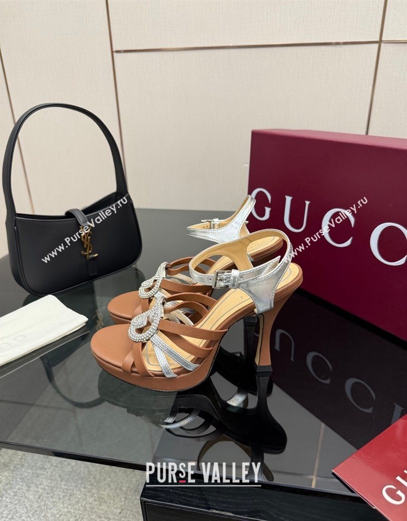 Gucci Calf Leather Platform Sandals with Strass Interlocking G Brown/Silver 2025 852355 (MD-251219038)