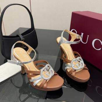 Gucci Calf Leather Platform Sandals with Strass Interlocking G Brown/Silver 2025 852355 (MD-251219038)
