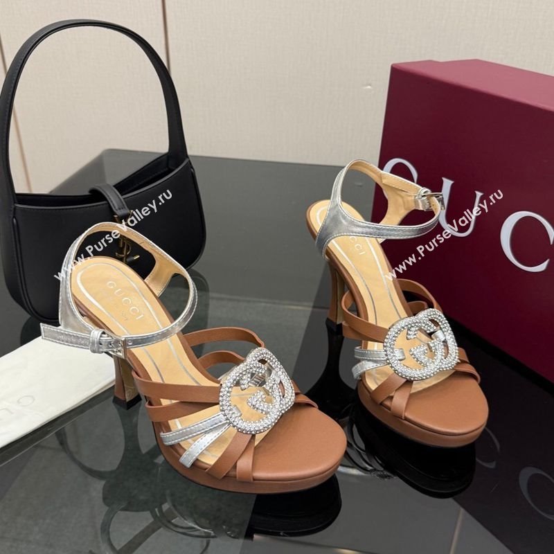 Gucci Calf Leather Platform Sandals with Strass Interlocking G Brown/Silver 2025 852355 (MD-251219038)