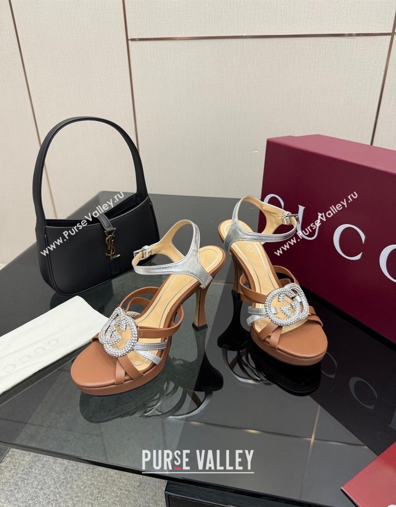 Gucci Calf Leather Platform Sandals with Strass Interlocking G Brown/Silver 2025 852355 (MD-251219038)