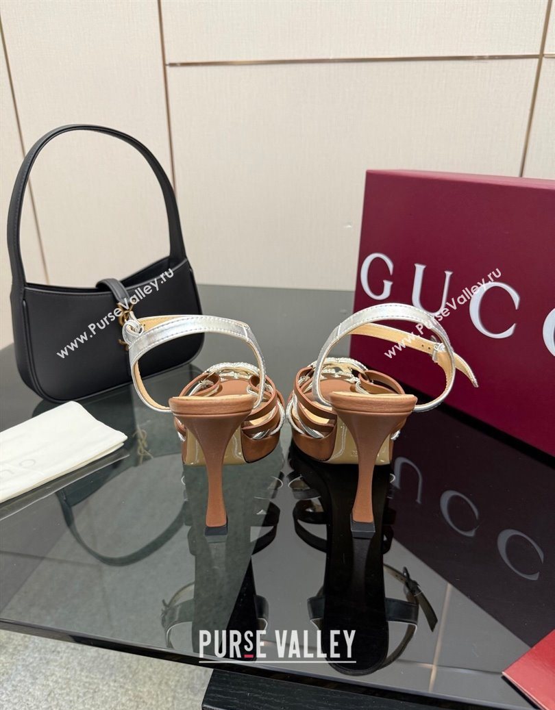 Gucci Calf Leather Platform Sandals with Strass Interlocking G Brown/Silver 2025 852355 (MD-251219038)