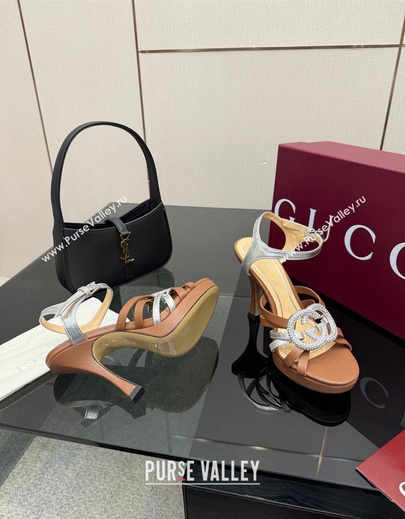 Gucci Calf Leather Platform Sandals with Strass Interlocking G Brown/Silver 2025 852355 (MD-251219038)