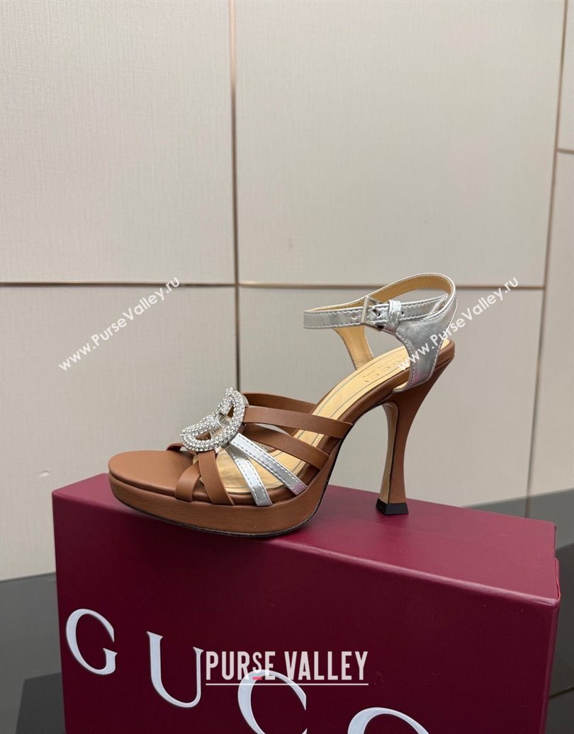 Gucci Calf Leather Platform Sandals with Strass Interlocking G Brown/Silver 2025 852355 (MD-251219038)