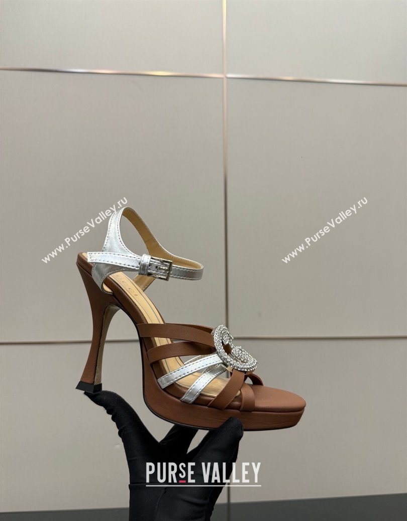 Gucci Calf Leather Platform Sandals with Strass Interlocking G Brown/Silver 2025 852355 (MD-251219038)