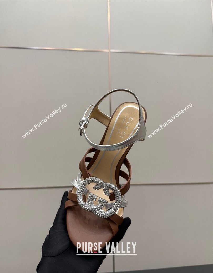 Gucci Calf Leather Platform Sandals with Strass Interlocking G Brown/Silver 2025 852355 (MD-251219038)