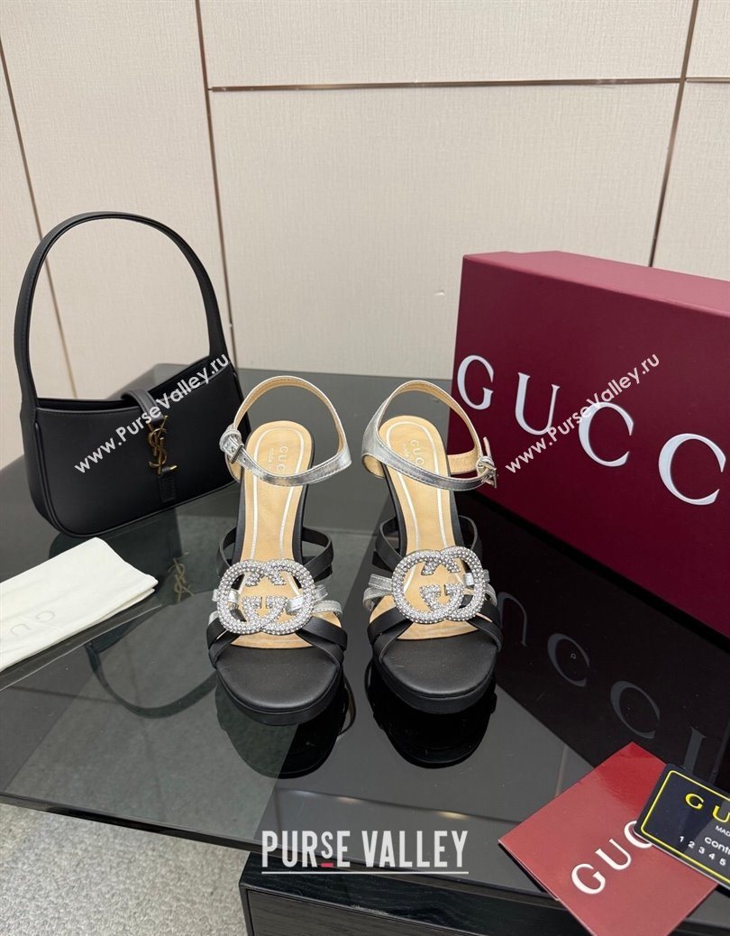 Gucci Calf Leather Platform Sandals with Strass Interlocking G Black/Silver 2025 852355 (MD-251219039)