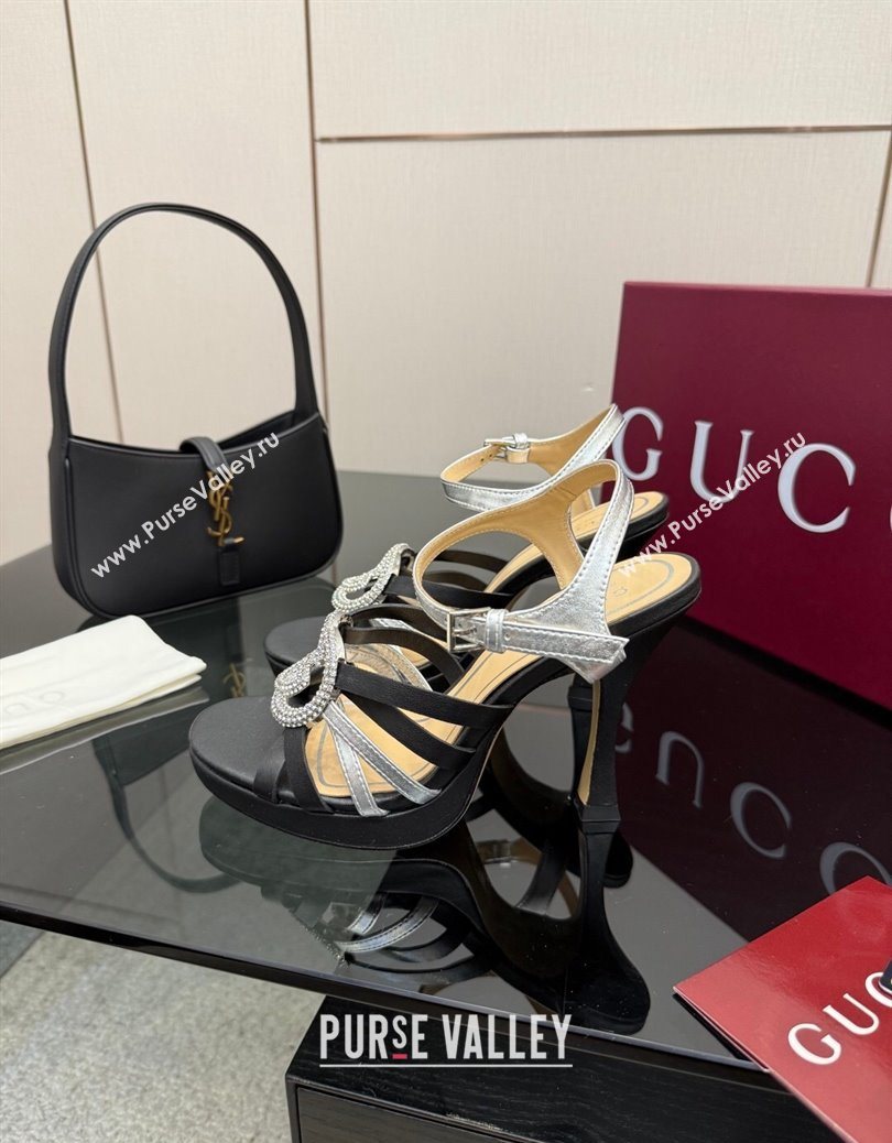 Gucci Calf Leather Platform Sandals with Strass Interlocking G Black/Silver 2025 852355 (MD-251219039)