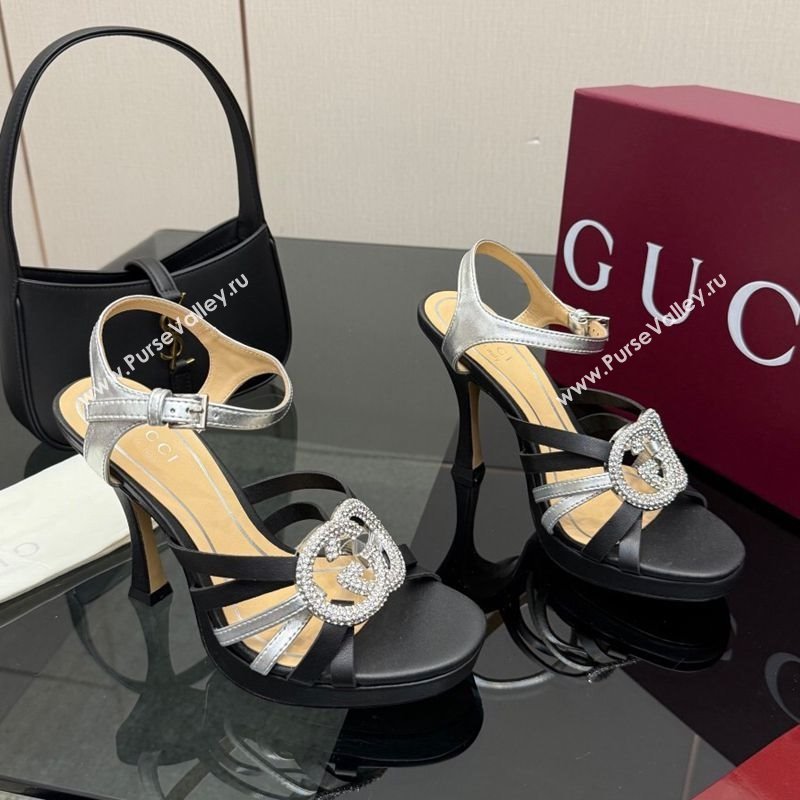 Gucci Calf Leather Platform Sandals with Strass Interlocking G Black/Silver 2025 852355 (MD-251219039)