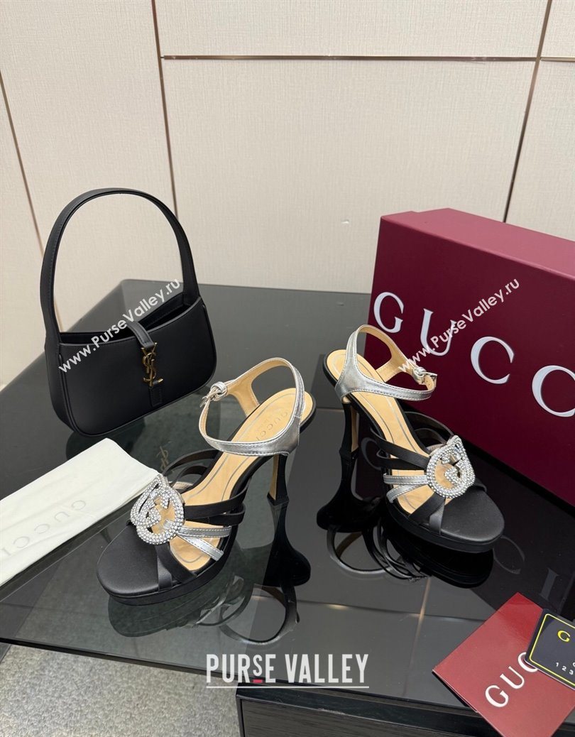 Gucci Calf Leather Platform Sandals with Strass Interlocking G Black/Silver 2025 852355 (MD-251219039)