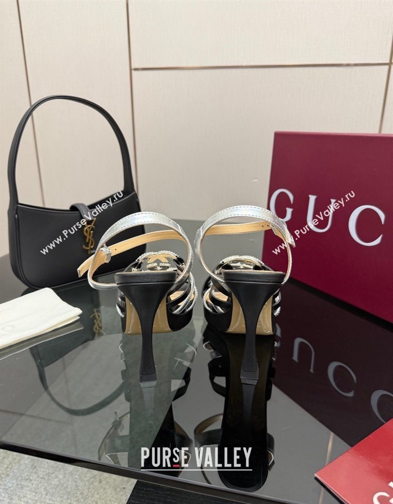 Gucci Calf Leather Platform Sandals with Strass Interlocking G Black/Silver 2025 852355 (MD-251219039)