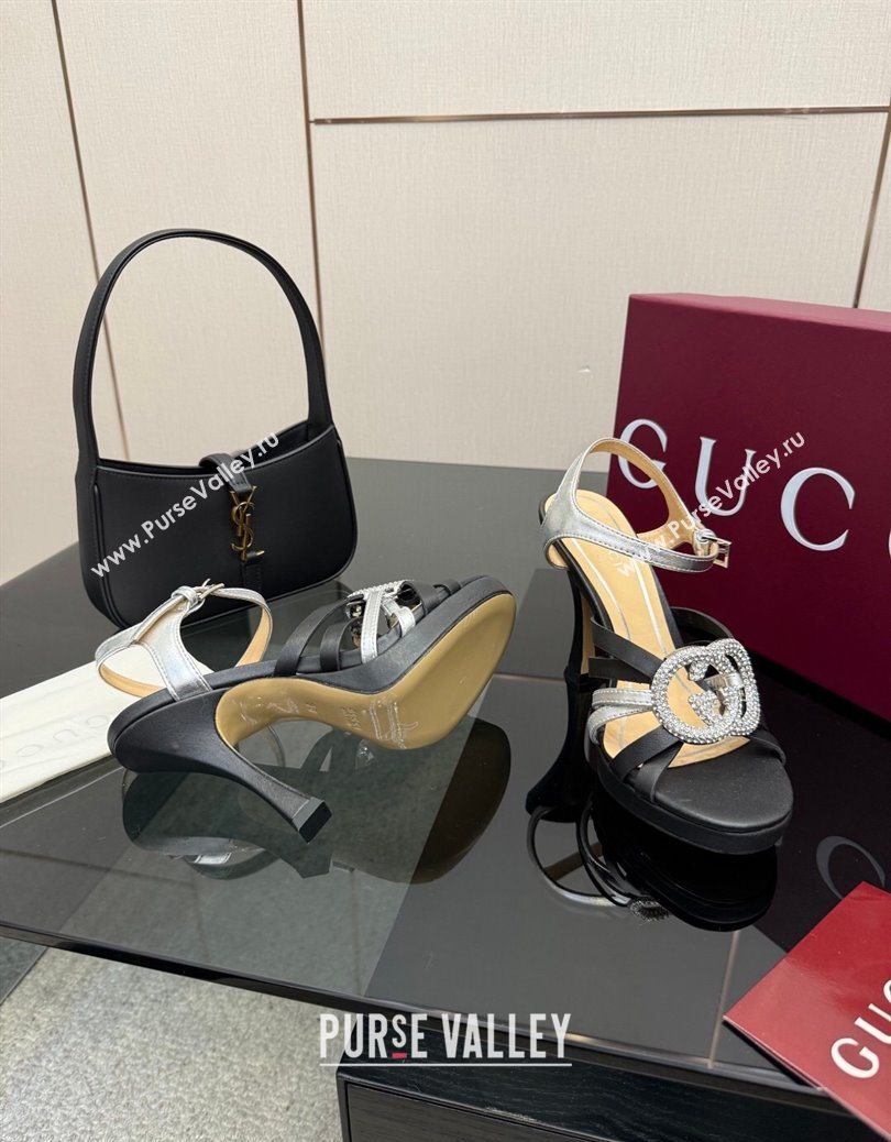 Gucci Calf Leather Platform Sandals with Strass Interlocking G Black/Silver 2025 852355 (MD-251219039)