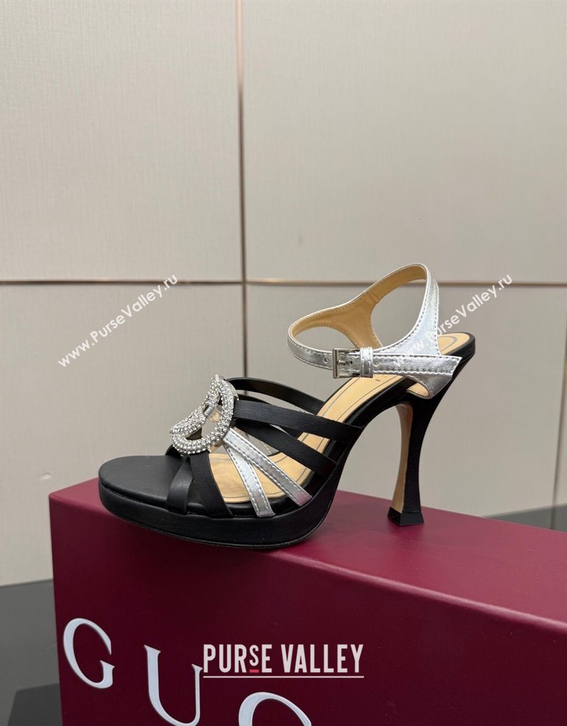 Gucci Calf Leather Platform Sandals with Strass Interlocking G Black/Silver 2025 852355 (MD-251219039)
