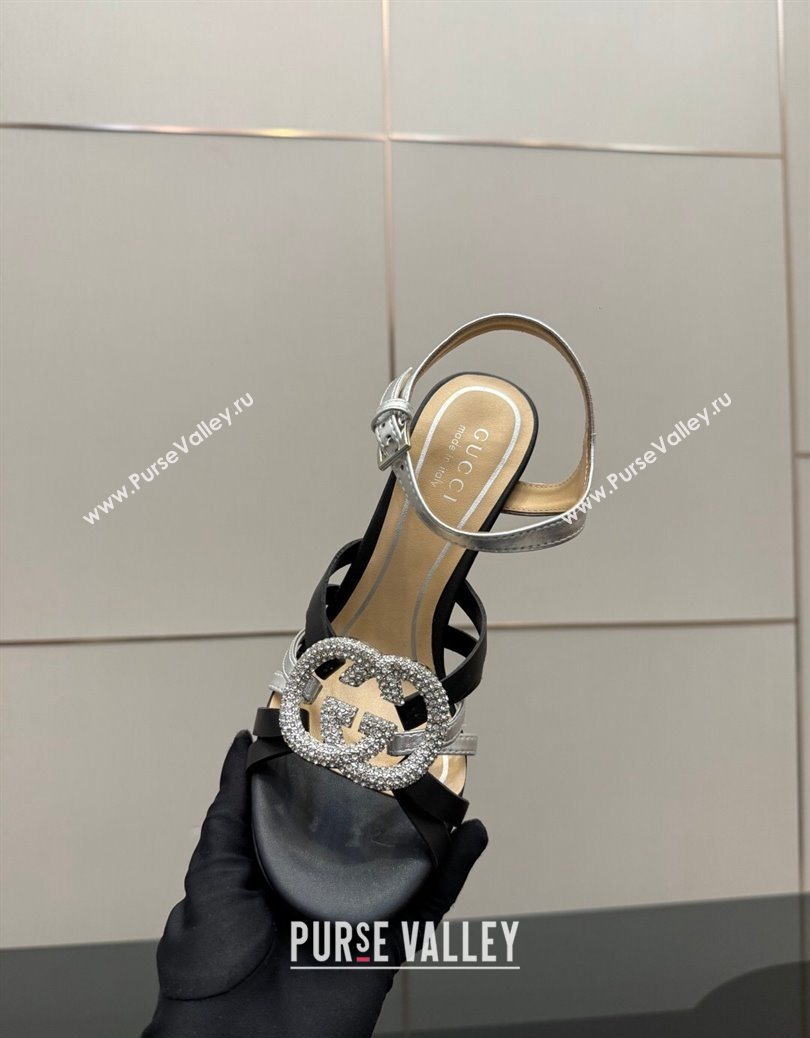 Gucci Calf Leather Platform Sandals with Strass Interlocking G Black/Silver 2025 852355 (MD-251219039)