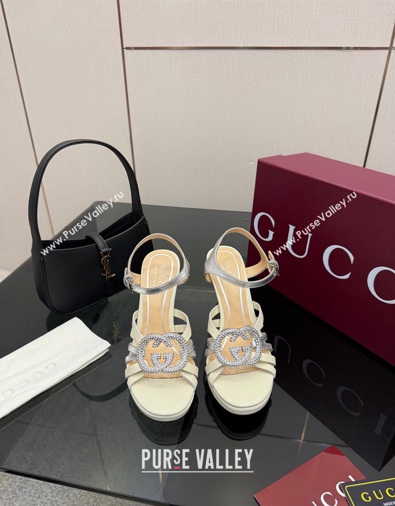 Gucci Calf Leather Platform Sandals with Strass Interlocking G White/Silver 2025 852355 (MD-251219041)
