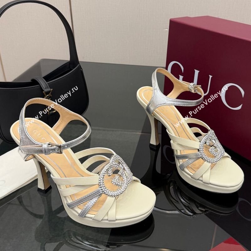 Gucci Calf Leather Platform Sandals with Strass Interlocking G White/Silver 2025 852355 (MD-251219041)