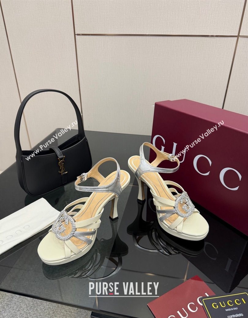 Gucci Calf Leather Platform Sandals with Strass Interlocking G White/Silver 2025 852355 (MD-251219041)