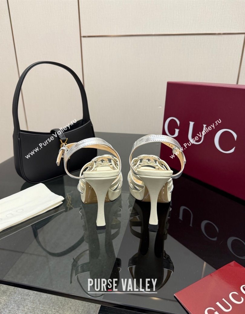 Gucci Calf Leather Platform Sandals with Strass Interlocking G White/Silver 2025 852355 (MD-251219041)
