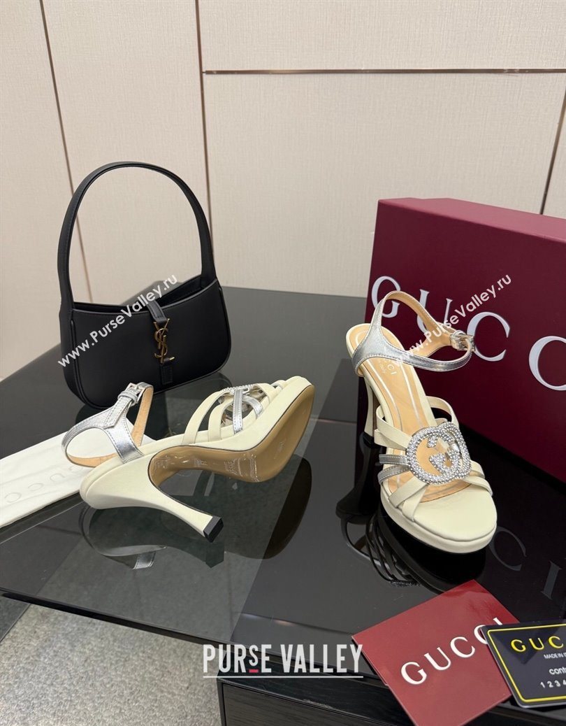 Gucci Calf Leather Platform Sandals with Strass Interlocking G White/Silver 2025 852355 (MD-251219041)