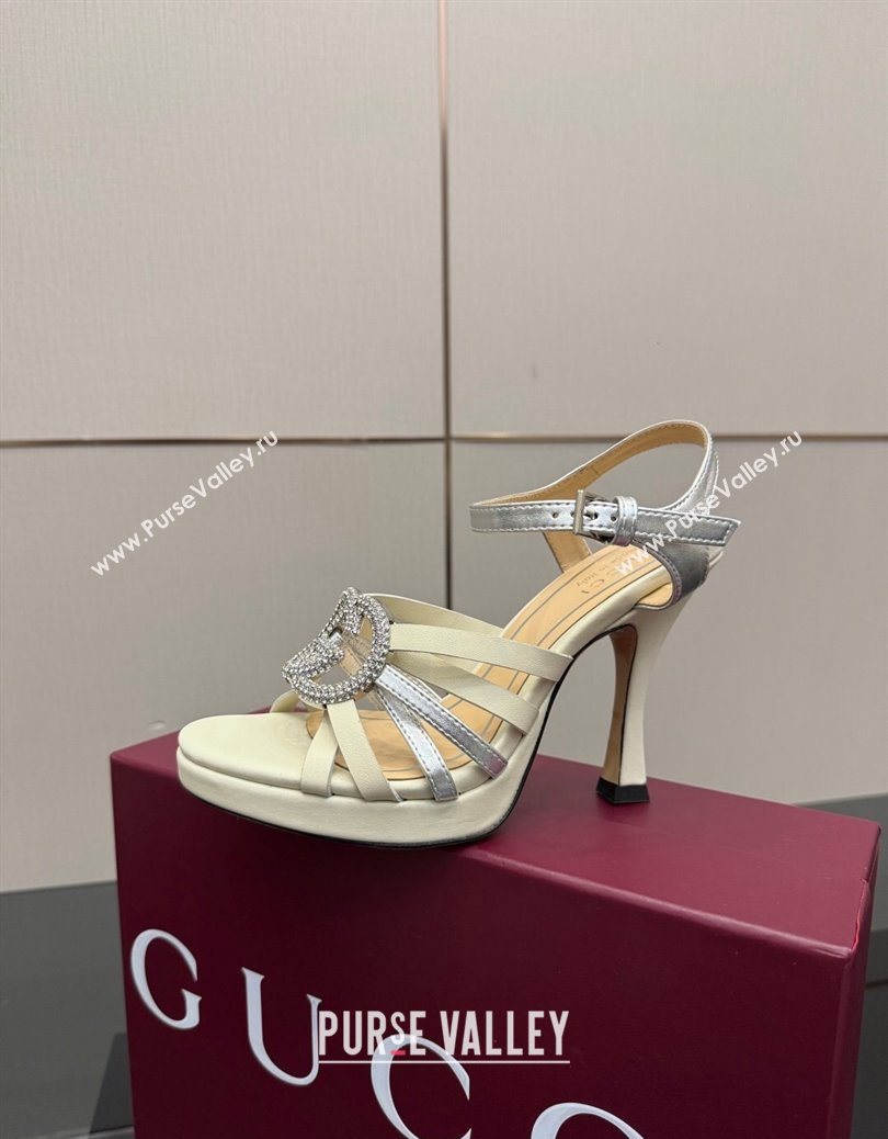 Gucci Calf Leather Platform Sandals with Strass Interlocking G White/Silver 2025 852355 (MD-251219041)